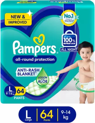 Pampers All round Protection Pants Style Baby Diapers, Large (L) Size, 64 Count, Anti Rash Blanket, Lotion with Aloe Vera, 9-14kg Diapers