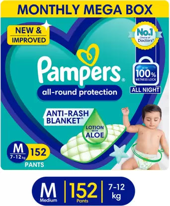 Pampers All round Protection Pants Style Baby Diapers, Medium (M) Size, 152 Count, Anti Rash Blanket, Lotion with Aloe Vera, 7-12kg Diapers