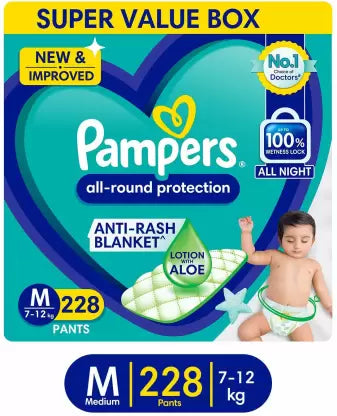 Pampers All round Protection Pants Style Baby Diapers, Medium (M) Size, 228 Count, Anti Rash Blanket, Lotion with Aloe Vera, 7-12kg Diapers