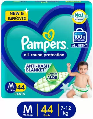 Pampers All round Protection Pants Style Baby Diapers, Medium (M) Size, 44 Count, Anti Rash Blanket, Lotion with Aloe Vera, 7-12kg Diapers