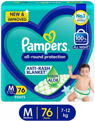 Pampers All round Protection Pants Style Baby Diapers, Medium (M) Size, 76 Count, Anti Rash Blanket, Lotion with Aloe Vera, 7-12kg Diapers