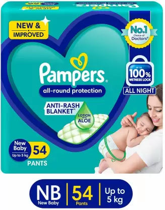 Pampers All round Protection Pants Style Baby Diapers, Newborn (NB) Size, 54 Count, Anti Rash Blanket, Lotion with Aloe Vera, Upto 5kg Diapers