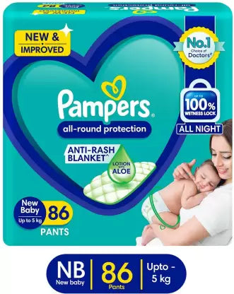 Pampers All round Protection Pants Style Baby Diapers, Newborn (NB) Size, 86 Count, Anti Rash Blanket, Lotion with Aloe Vera, Upto 5kg Diapers