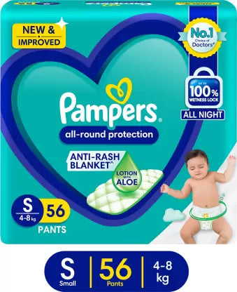 Pampers All round Protection Pants Style Baby Diapers, Small (S) Size, 56 Count, Anti Rash Blanket, Lotion with Aloe Vera, 4-8kg Diapers