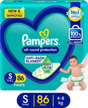 Pampers All round Protection Pants Style Baby Diapers, Small (S) Size, 86 Count, Anti Rash Blanket, Lotion with Aloe Vera, 4-8kg Diapers