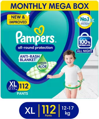 Pampers All round Protection Pants Style Baby Diapers, Extra Large (XL) Size, 112 Count, Anti Rash Blanket, Lotion with Aloe Vera, 12-17kg Diapers