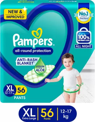 Pampers All round Protection Pants Style Baby Diapers, Extra Large (XL) Size, 56 Count, Anti Rash Blanket, Lotion with Aloe Vera, 12-17kg Diapers