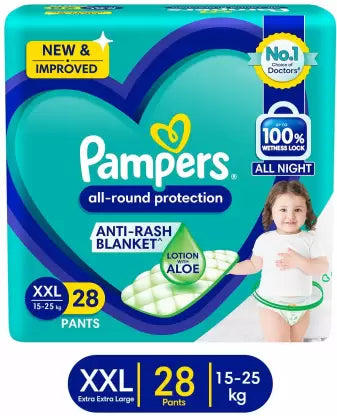 Pampers All round Protection Pants Style Baby Diapers, Double Extra Large (XXL) Size, 28 Count, Anti Rash Blanket, Lotion with Aloe Vera, 15-25kg Diapers