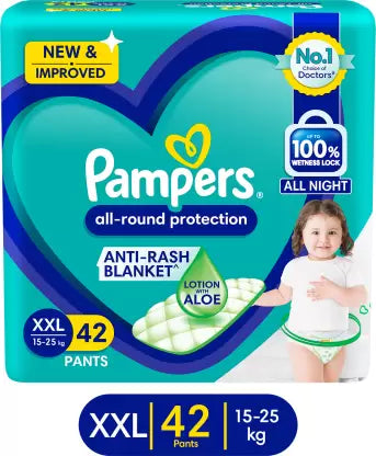 Pampers All round Protection Pants Style Baby Diapers, Double Extra Large (XXL) Size, 42 Count, Anti Rash Blanket, Lotion with Aloe Vera, 15-25kg Diapers