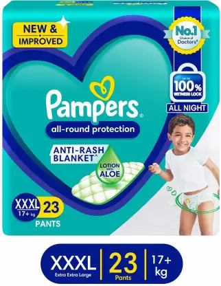 Pampers All round Protection Pants Style Baby Diapers, Triple Extra Large (XXXL) Size, 23 Count, Anti Rash Blanket, Lotion with Aloe Vera, 17+kg Diapers