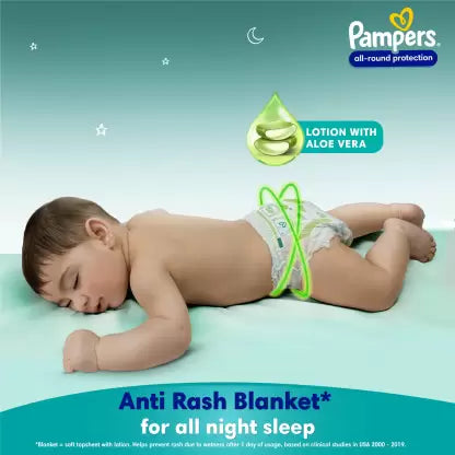 Pampers All round Protection Pants Style Baby Diapers, Medium (M) Size, 44 Count, Anti Rash Blanket, Lotion with Aloe Vera, 7-12kg Diapers